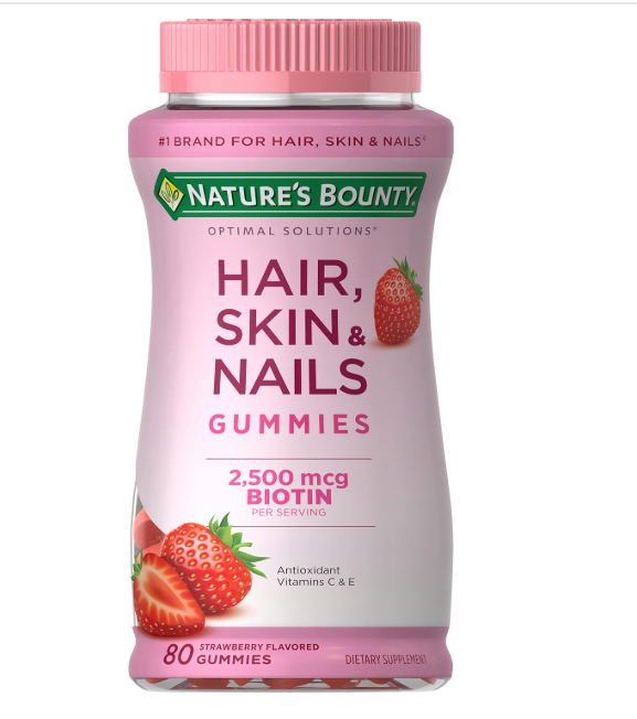 Nature's Bounty Optimal Solutions Hair, Skin & Nails Vitamin Gummies with Biotin, 2500 mcg, Strawberry, 80 Count, 40 Total Servings